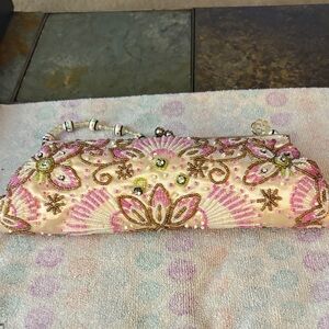 Elegant Beaded Floral Clutch in Pink and Cream